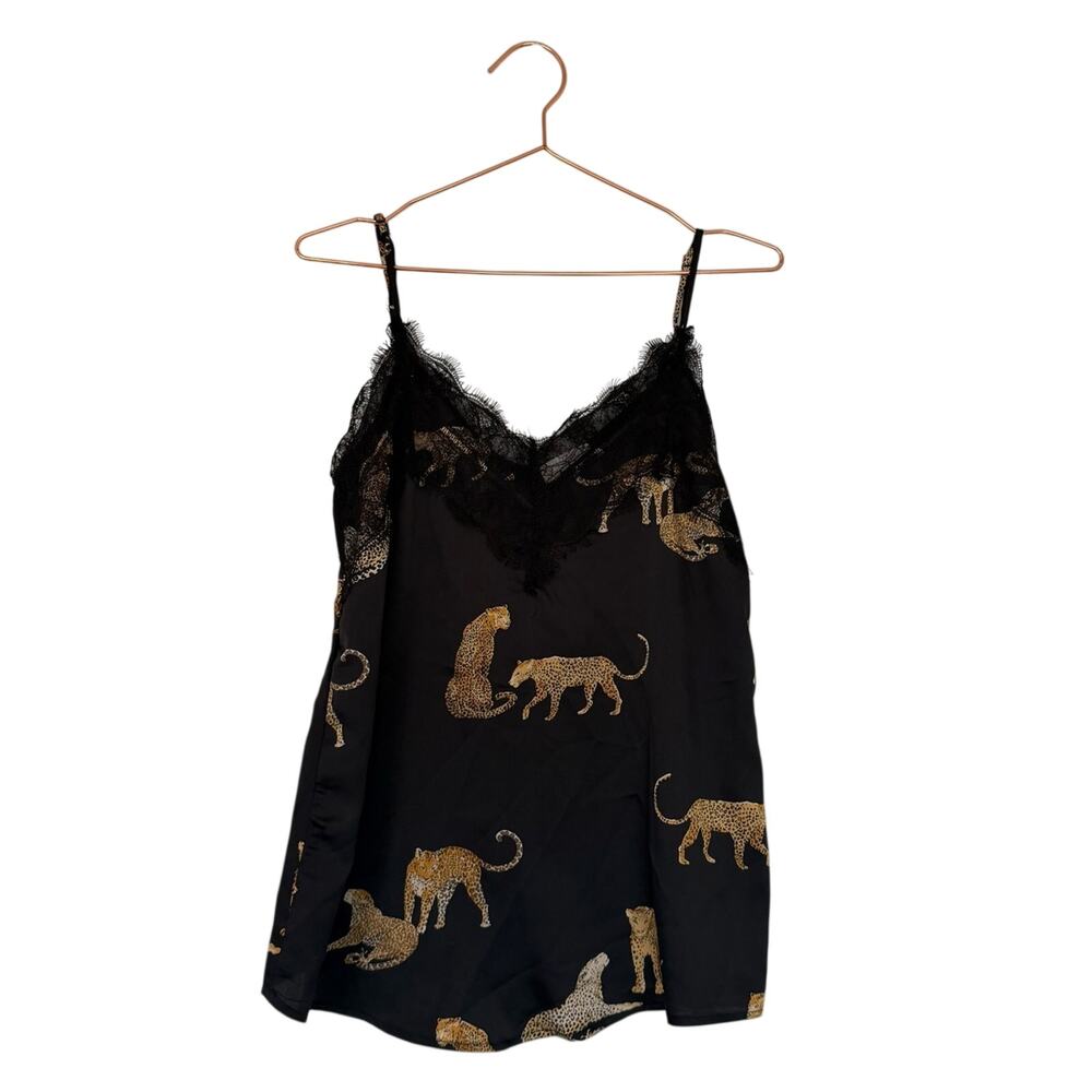 Black Satin Leopard-Print Lace Trim Chemise